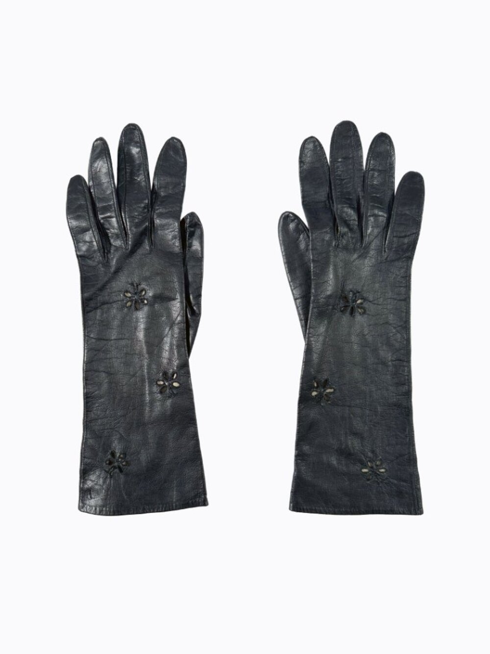 Vtg Black Kidskin Leather Evening Gloves XS Embroidered Eyelet Cutout Whimsigoth